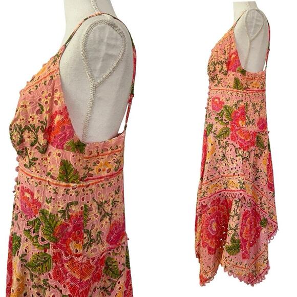 FARM Rio Blooming Floral Embroidered Handkerchief Midi Dress Size L Pink NWT - Picture 3 of 10